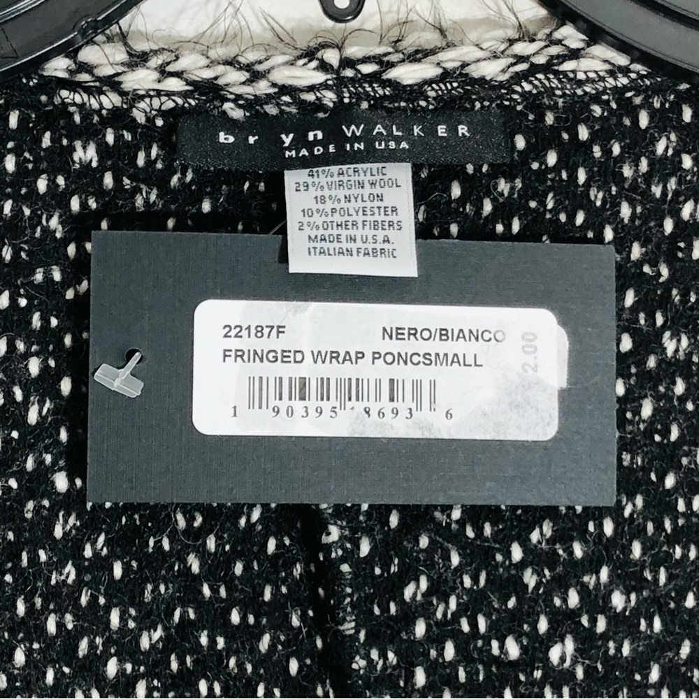NWT Bryn Walker Women's Black & White Tweed Fringed Hemline Wrap Poncho size S - Picture 8 of 13